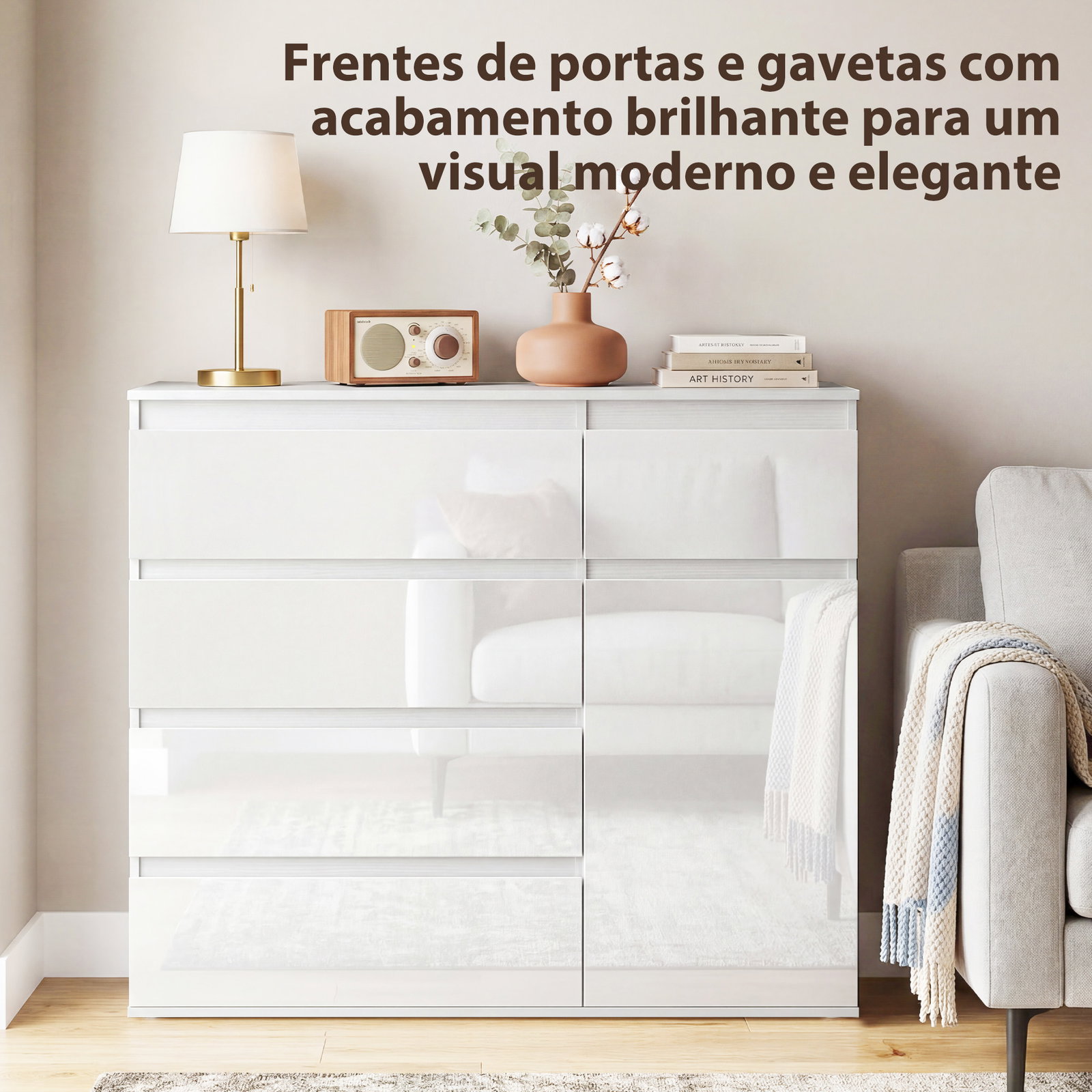 Aparador de sala com 5 gavetas prateleiras ajustáveis e porta com fecho suave 100x40x80 cm branco brilhante