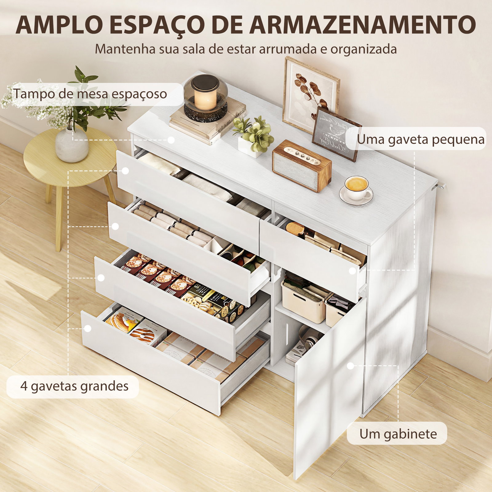 Aparador de sala com 5 gavetas prateleiras ajustáveis e porta com fecho suave 100x40x80 cm branco brilhante