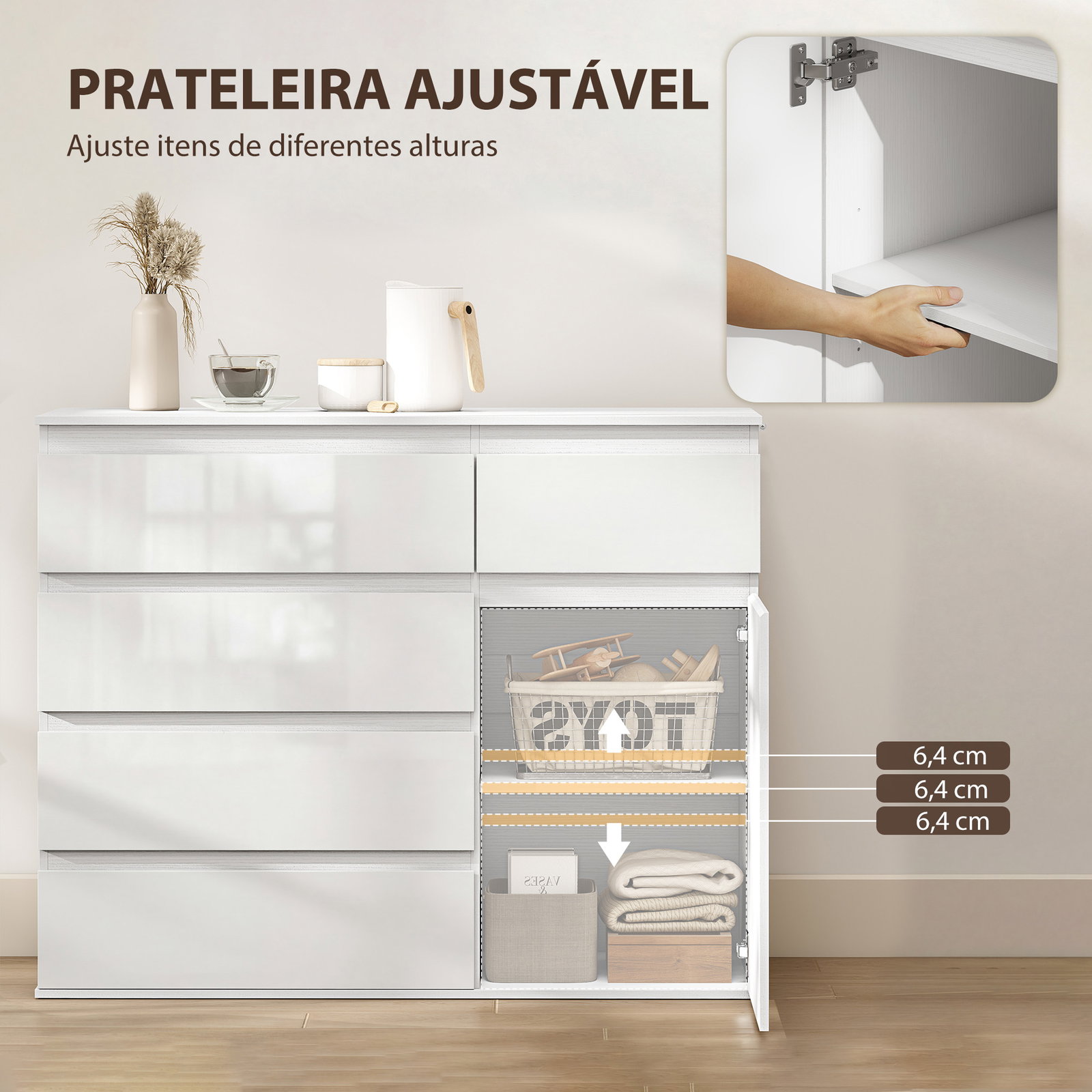 Aparador de sala com 5 gavetas prateleiras ajustáveis e porta com fecho suave 100x40x80 cm branco brilhante