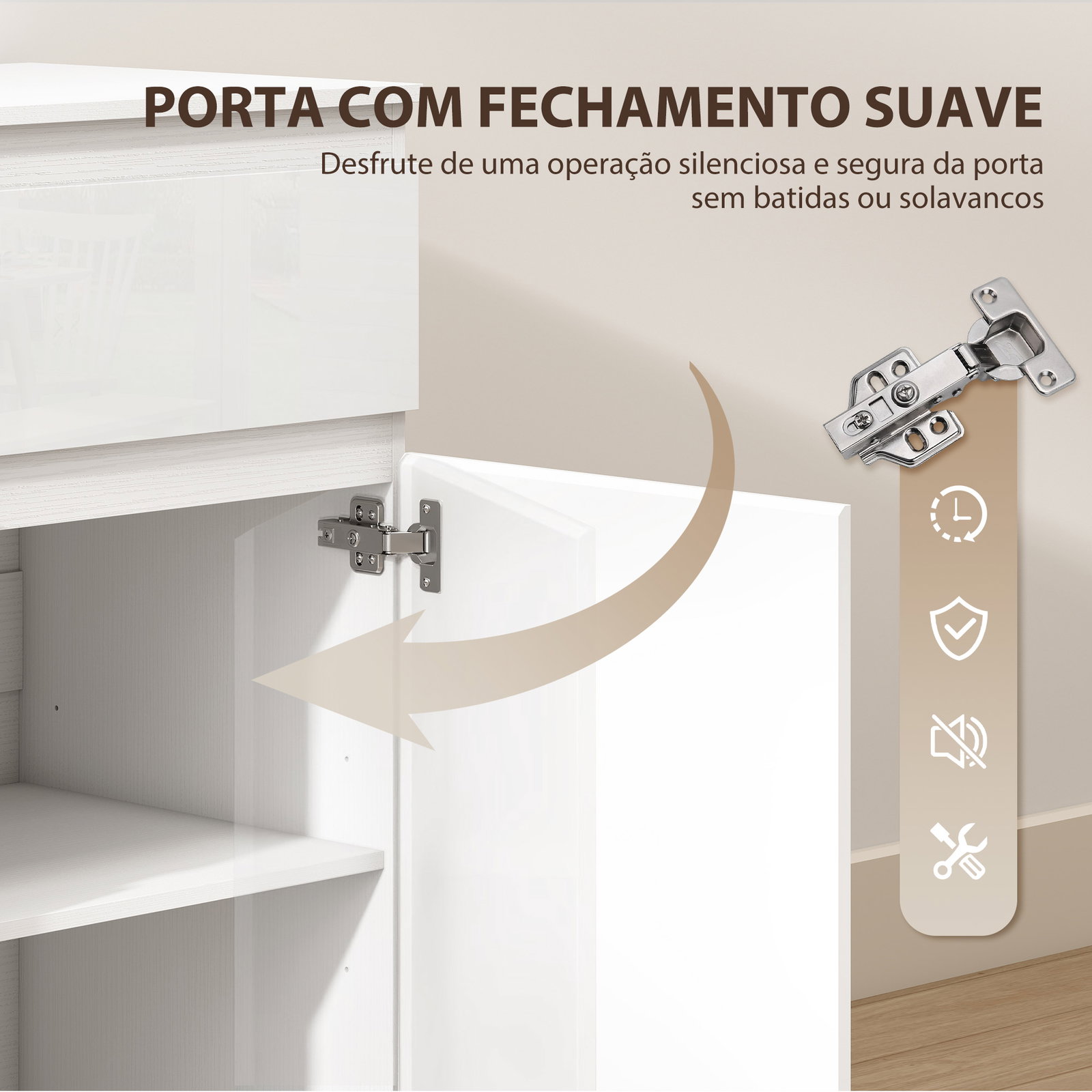 Aparador de sala com 5 gavetas prateleiras ajustáveis e porta com fecho suave 100x40x80 cm branco brilhante