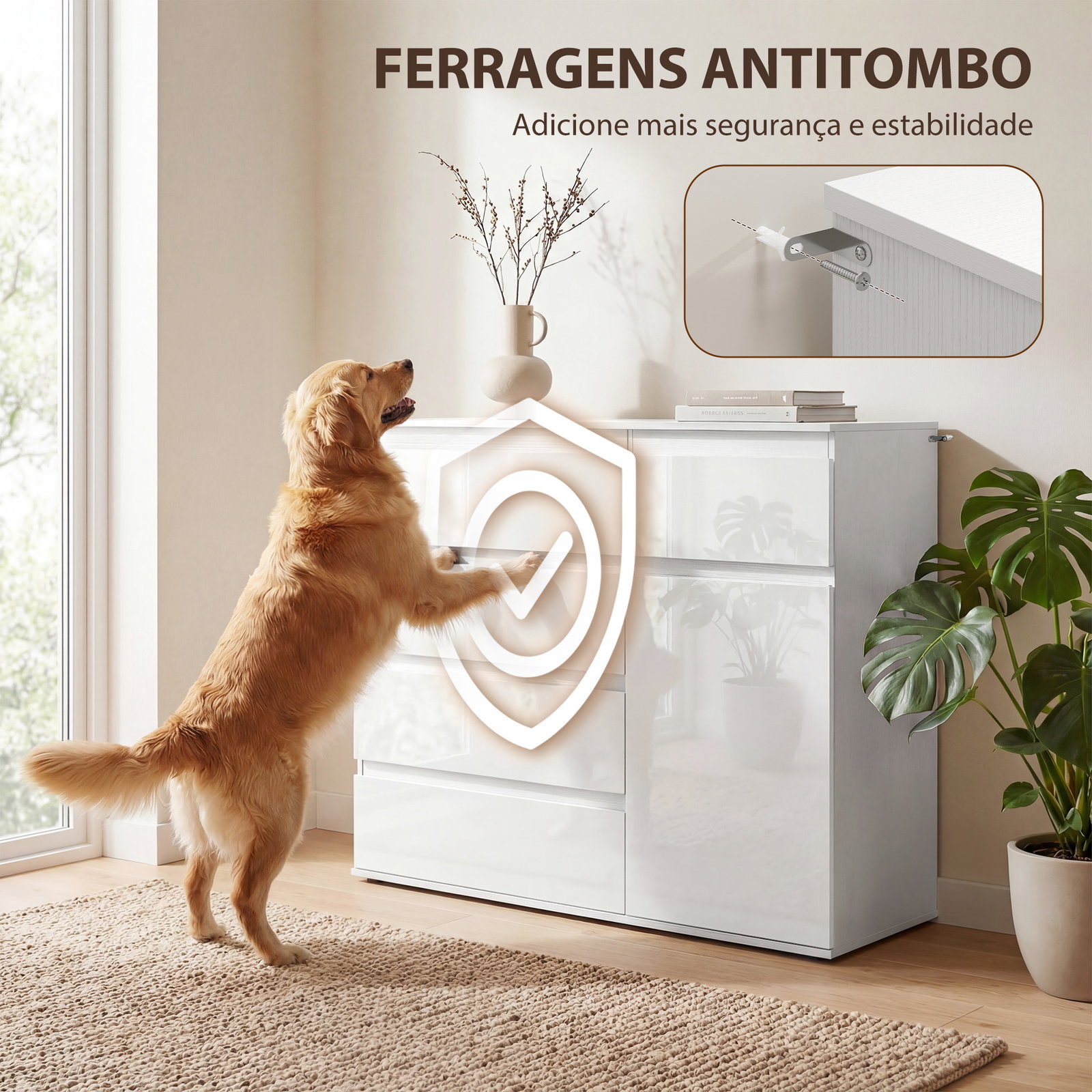Aparador de sala com 5 gavetas prateleiras ajustáveis e porta com fecho suave 100x40x80 cm branco brilhante
