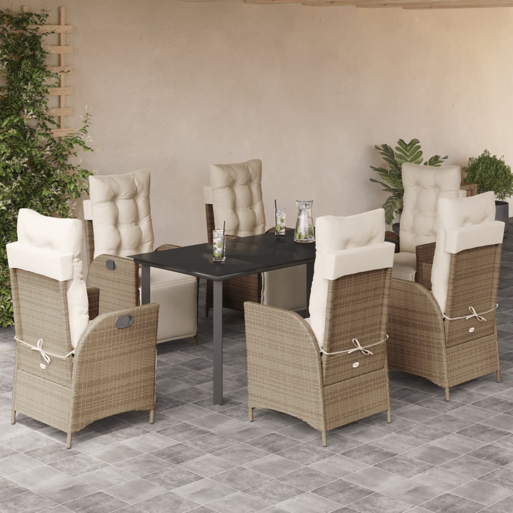 7 Pcs conjunto de jantar p/ jardim com almofadões vime PE bege