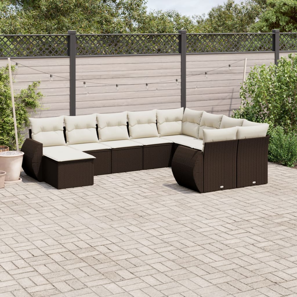 10 Pcs conj. sofás jardim com almofadões vime PE castanho