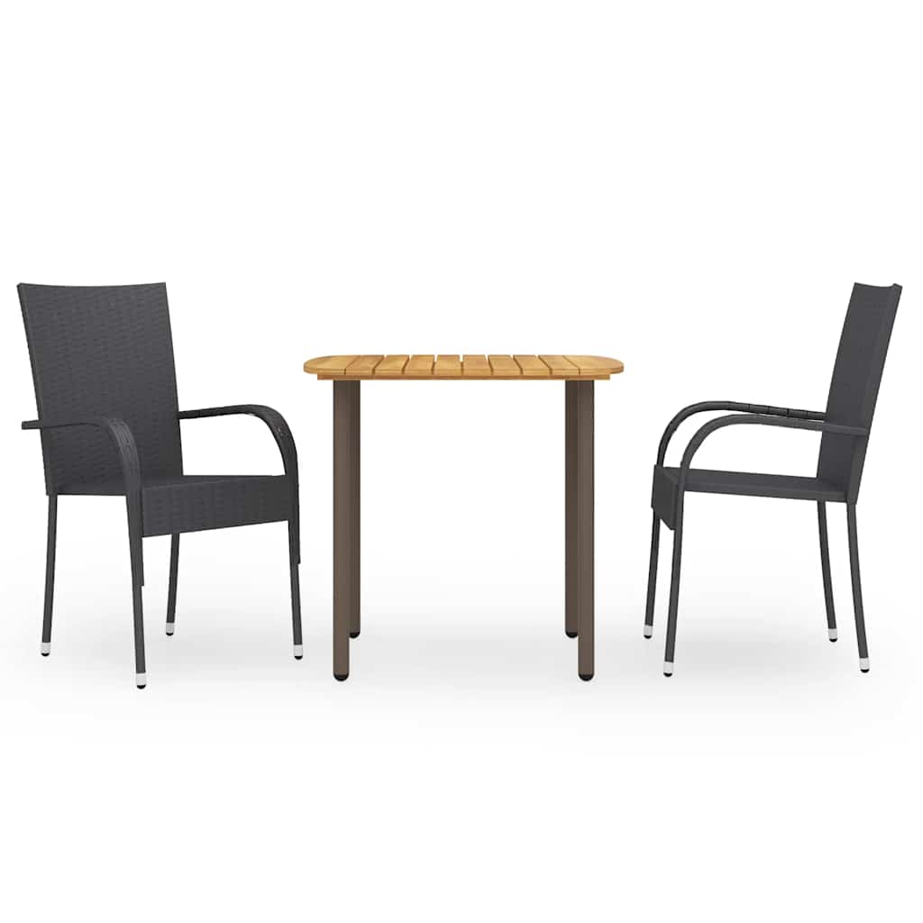 3 Pcs conjunto de jantar para jardim vime PE preto