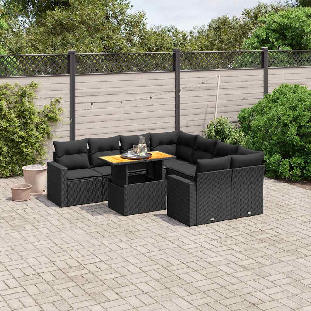 9 Pcs conjunto de sofás p/ jardim c/ almofadões vime PE preto