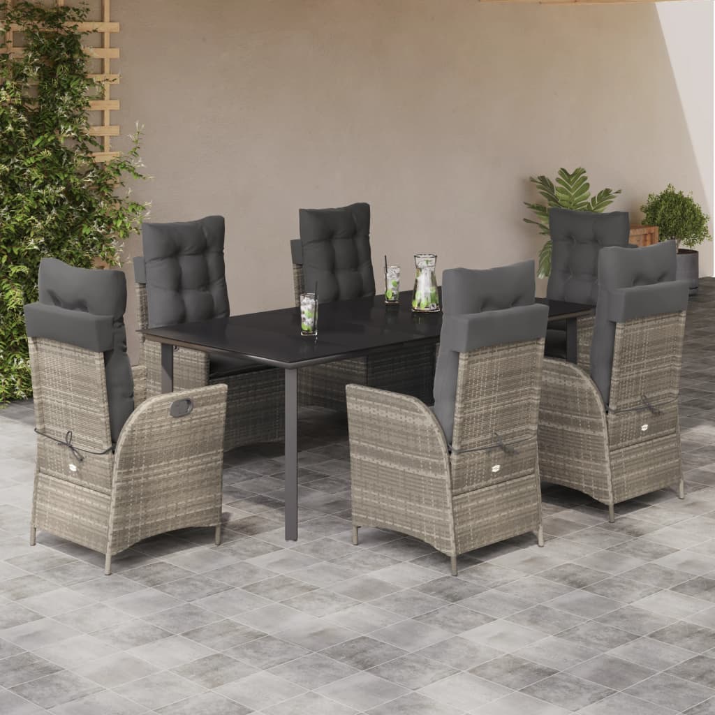 7 Pcs conj. jantar p/ jardim c/ almofadões vime PE cinza-claro