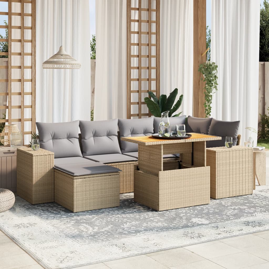 7 Pcs conjunto de sofás p/ jardim com almofadões vime PE bege