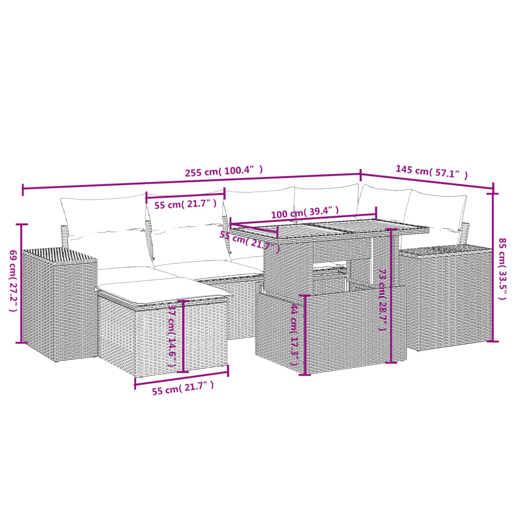 7 Pcs conjunto de sofás p/ jardim com almofadões vime PE bege