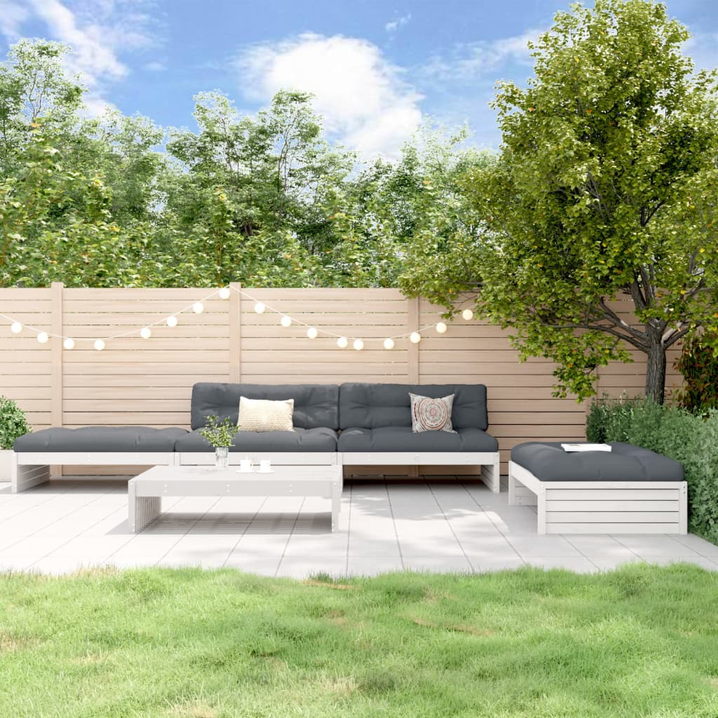 5Pcs conjunto lounge jardim c/ almofadões madeira maciça branco
