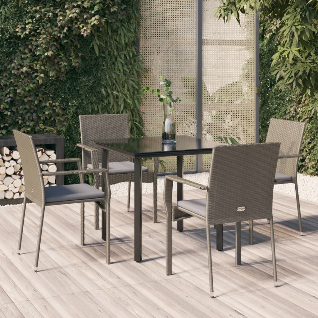 5 Pcs conjunto jantar jardim c/ almofadões vime PE preto/cinza