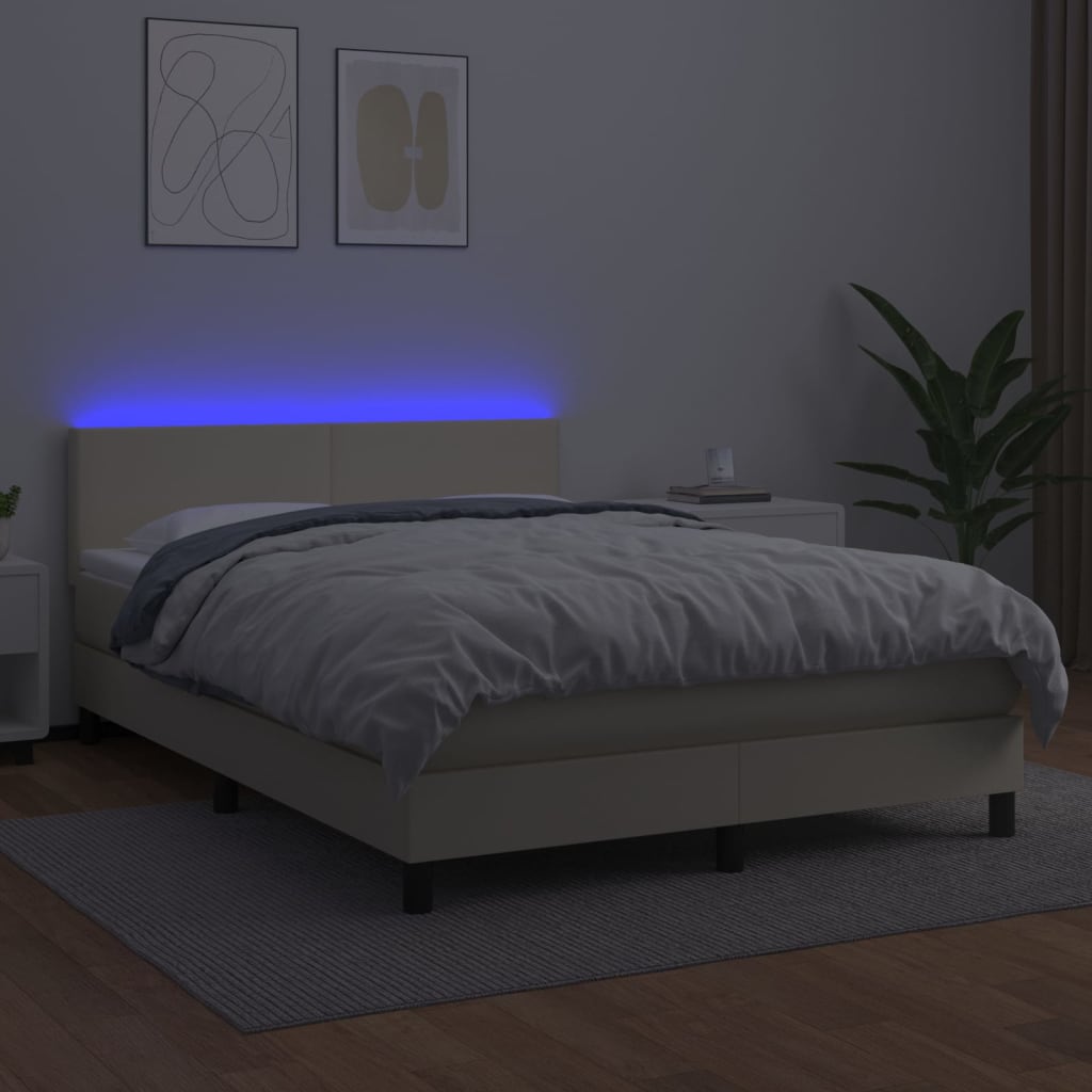 Cama box spring c/ colchão/LED 140x190cm couro artificial creme