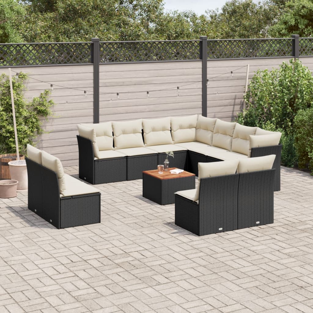 12 Pcs conjunto de sofás de jardim c/ almofadões vime PE preto
