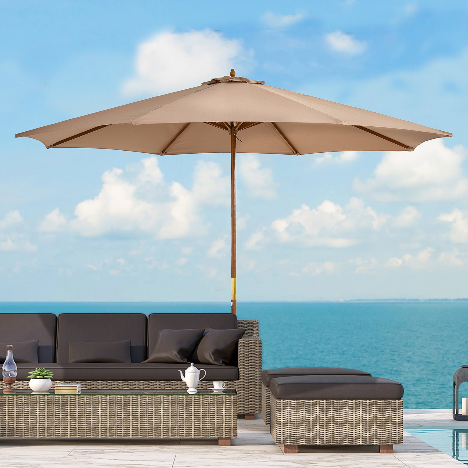 Chapéu de Sol de Jardim Ø300x250 cm com Sistema de Poleia Teto Ventilado e Mastro Desmontável de Madeira Caqui
