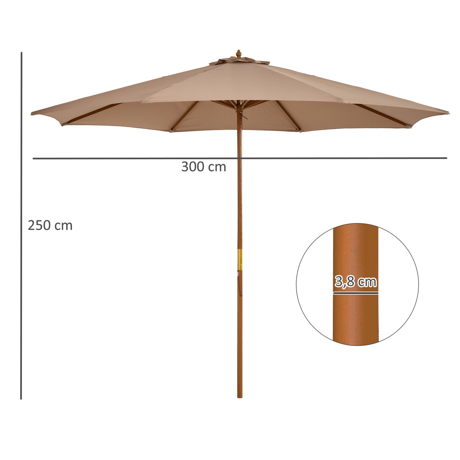 Chapéu de Sol de Jardim Ø300x250 cm com Sistema de Poleia Teto Ventilado e Mastro Desmontável de Madeira Caqui