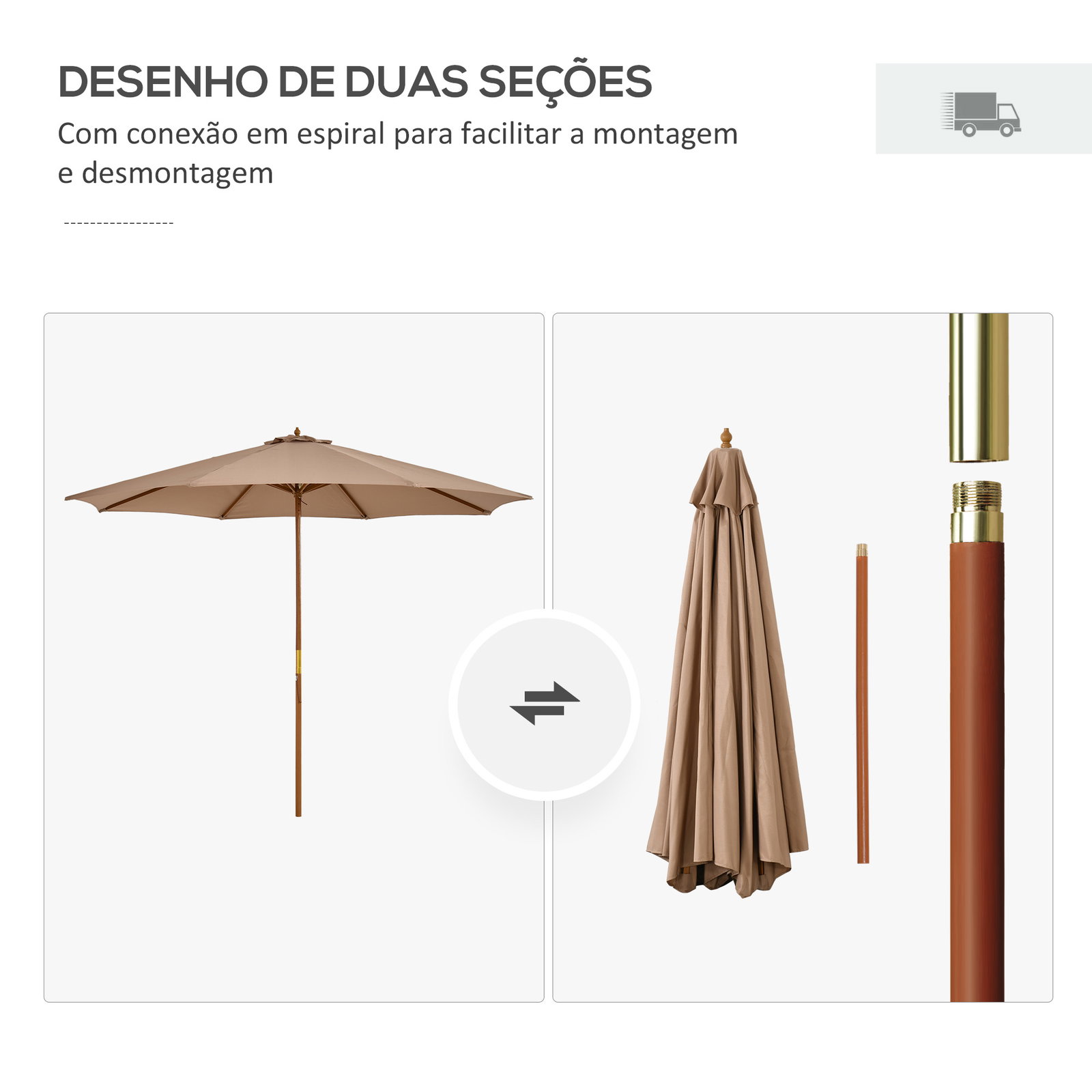 Chapéu de Sol de Jardim Ø300x250 cm com Sistema de Poleia Teto Ventilado e Mastro Desmontável de Madeira Caqui