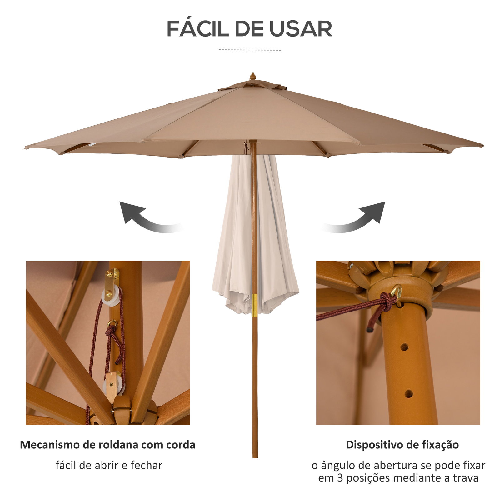 Chapéu de Sol de Jardim Ø300x250 cm com Sistema de Poleia Teto Ventilado e Mastro Desmontável de Madeira Caqui