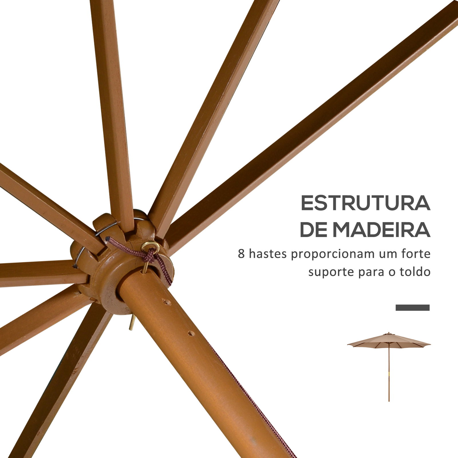 Chapéu de Sol de Jardim Ø300x250 cm com Sistema de Poleia Teto Ventilado e Mastro Desmontável de Madeira Caqui