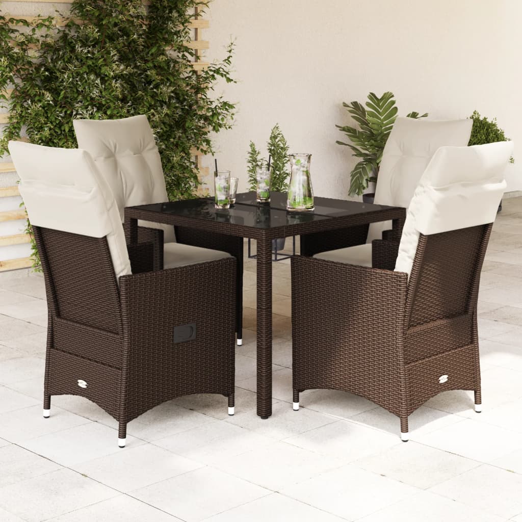 5 Pcs conjunto jantar p/ jardim c/ almofadões vime PE castanho
