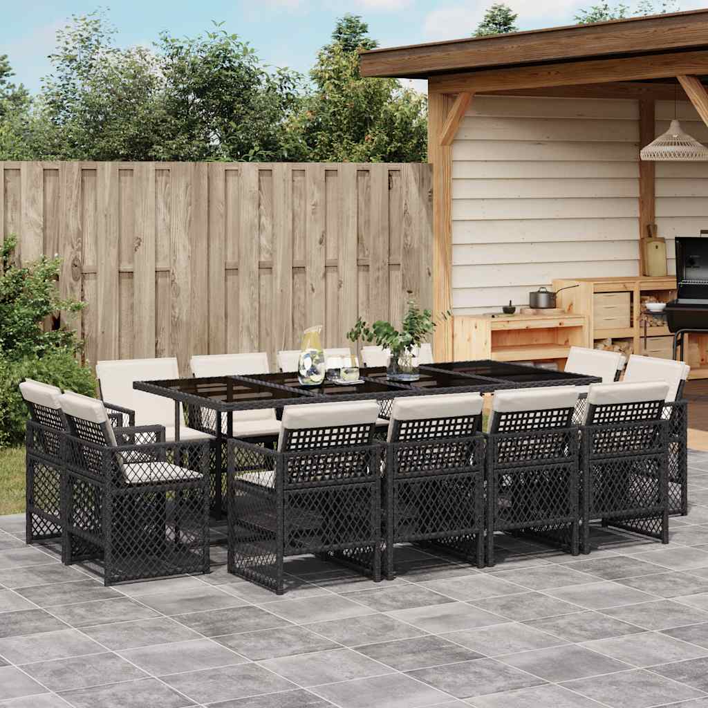 13 Pcs conjunto de jantar p/jardim com almofadões vime PE preto