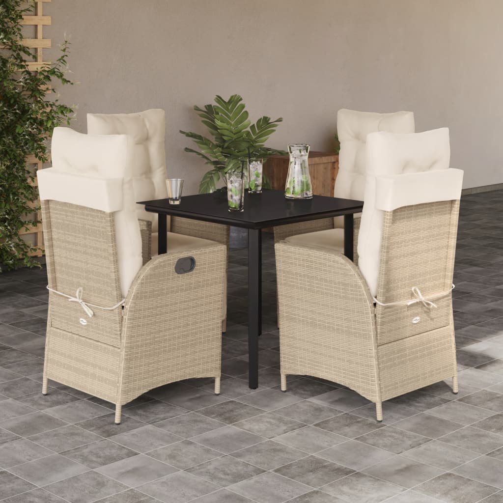 5 Pcs conjunto de jantar p/ jardim com almofadões vime PE bege