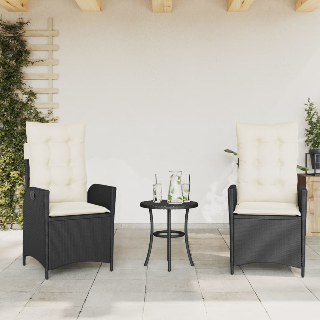 3 Pcs conjunto de bistrô com almofadões vime PE preto
