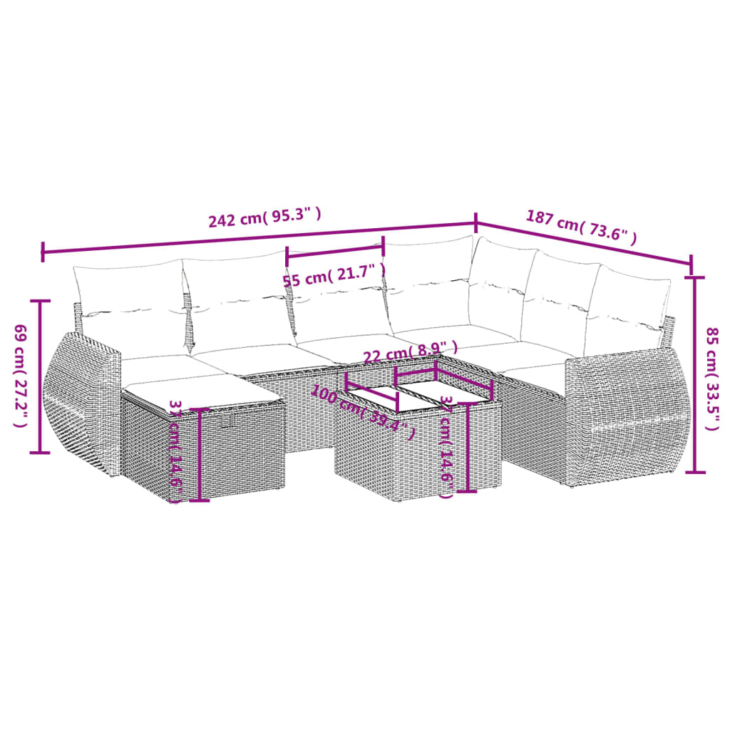 Conjunto de sofá de jardim com 8 peças e almofadas em rattan sintético cinza