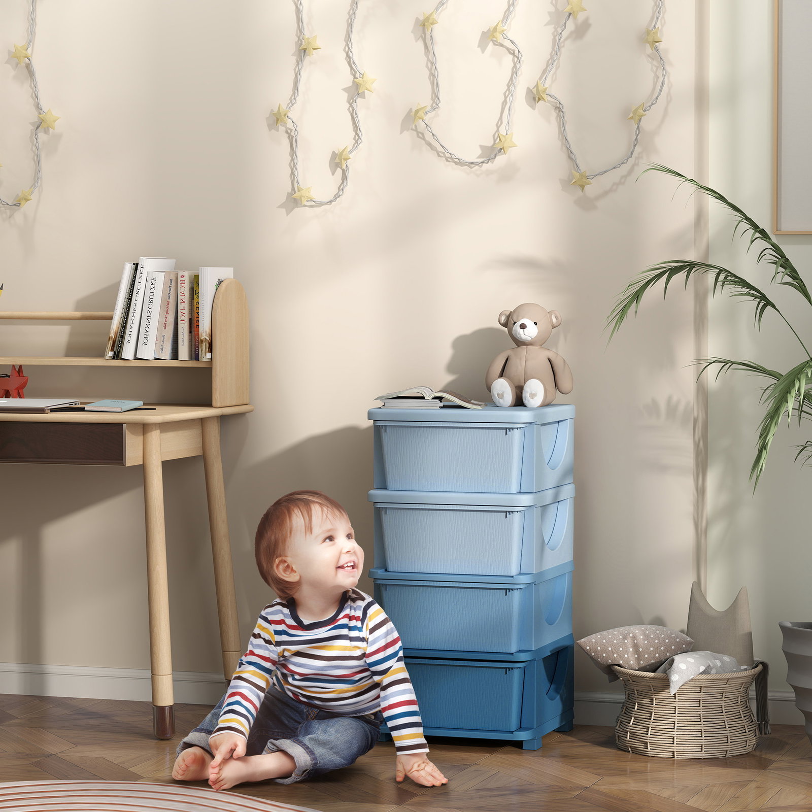 Organizador de brinquedos com 4 gavetas torre de arrumação para crianças +3 anos cantos arredondados e pegas 37x37x76 cm azul