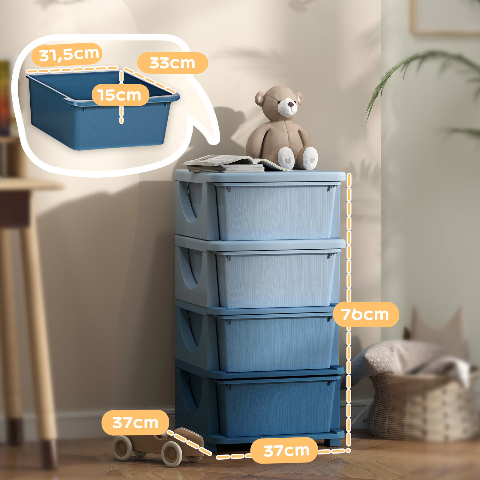 Organizador de brinquedos com 4 gavetas torre de arrumação para crianças +3 anos cantos arredondados e pegas 37x37x76 cm azul