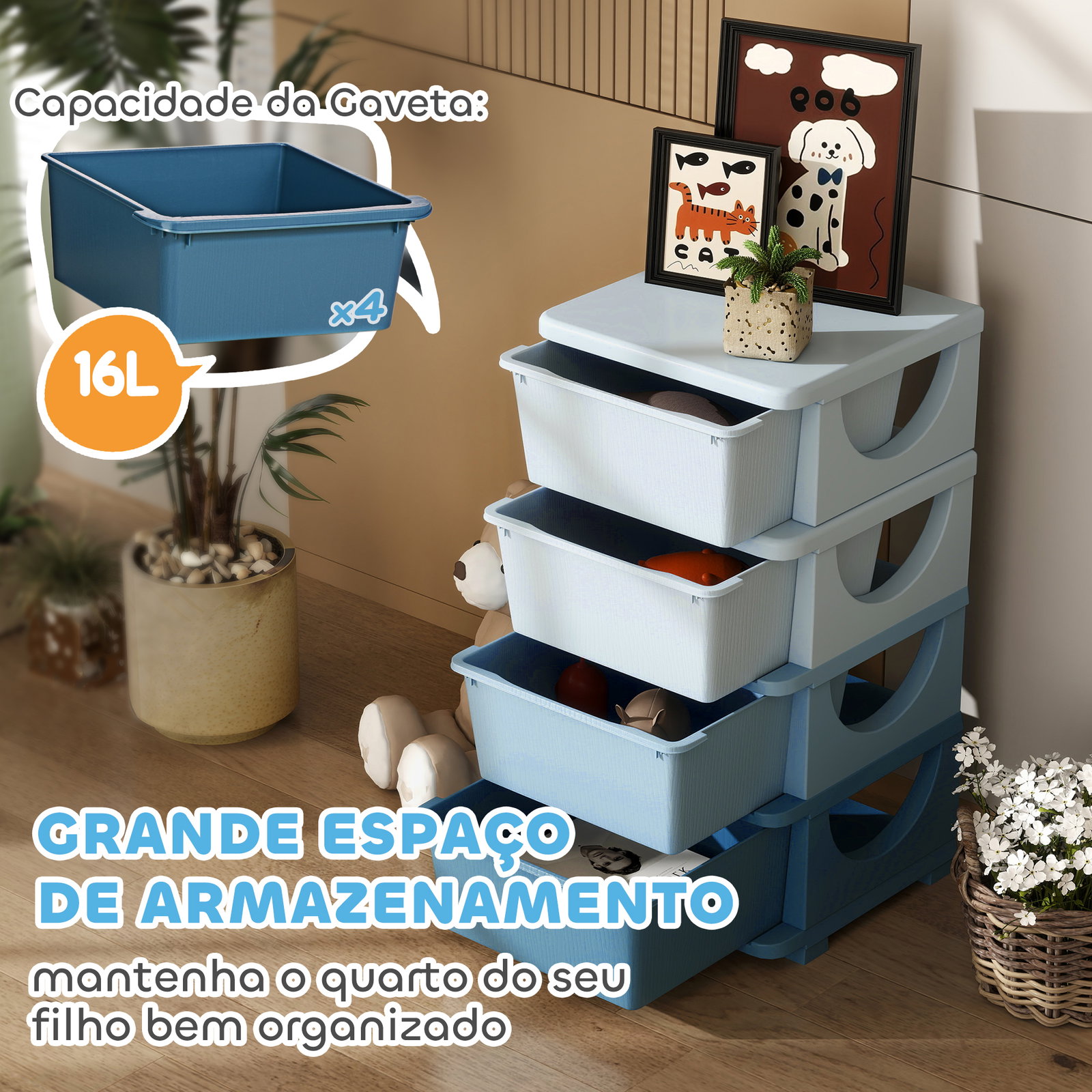 Organizador de brinquedos com 4 gavetas torre de arrumação para crianças +3 anos cantos arredondados e pegas 37x37x76 cm azul