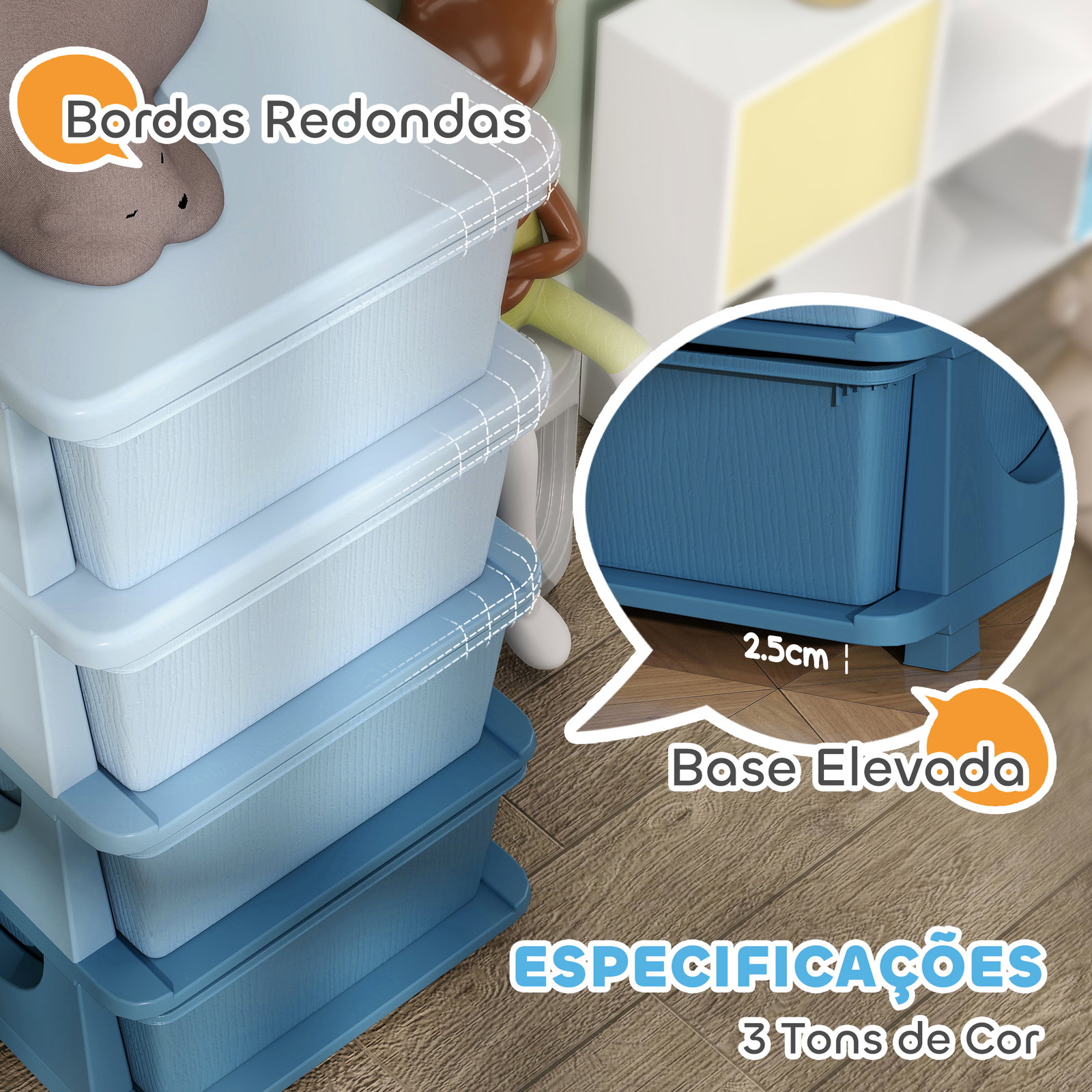 Organizador de brinquedos com 4 gavetas torre de arrumação para crianças +3 anos cantos arredondados e pegas 37x37x76 cm azul