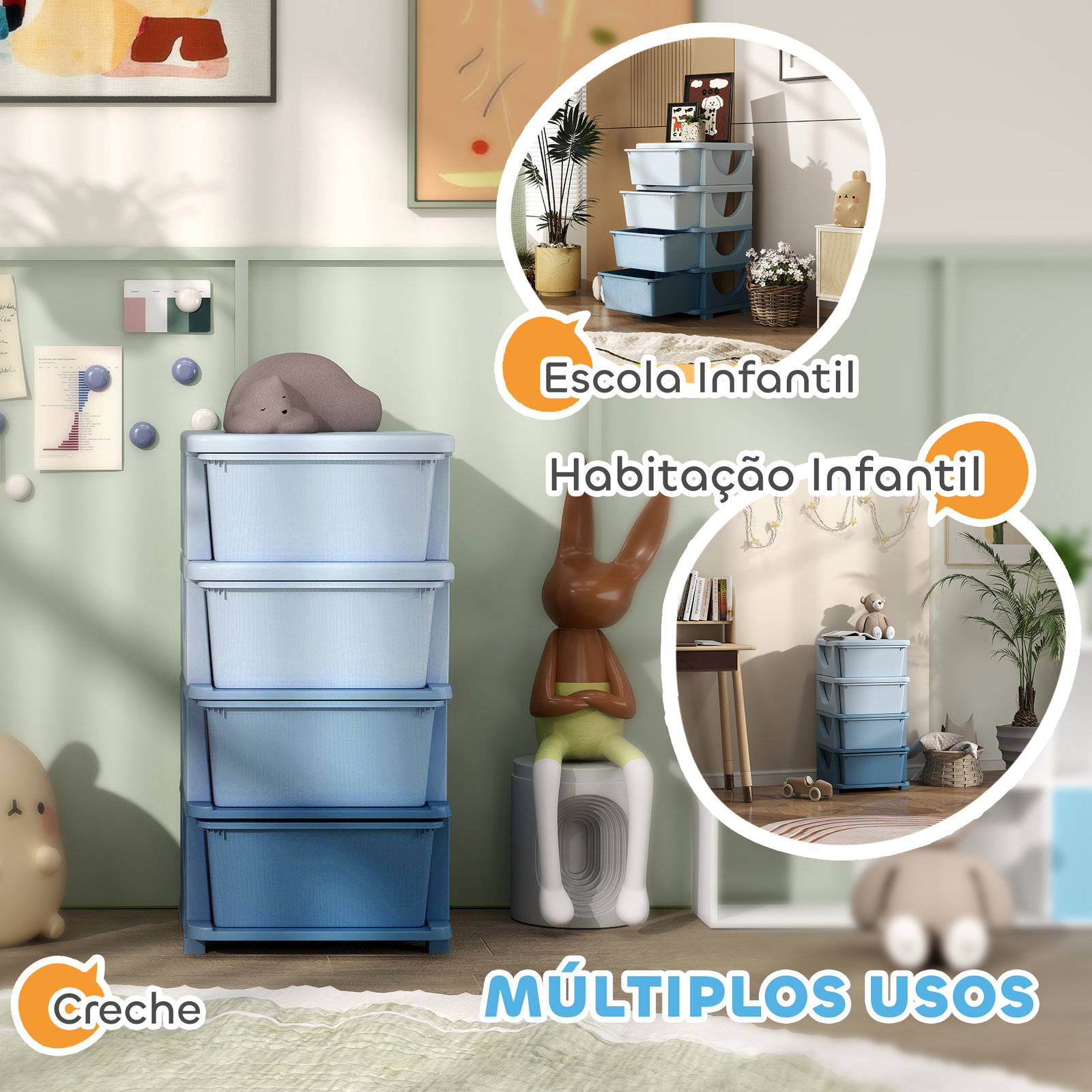 Organizador de brinquedos com 4 gavetas torre de arrumação para crianças +3 anos cantos arredondados e pegas 37x37x76 cm azul