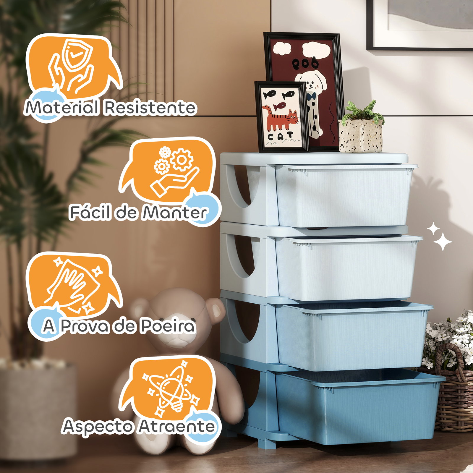 Organizador de brinquedos com 4 gavetas torre de arrumação para crianças +3 anos cantos arredondados e pegas 37x37x76 cm azul