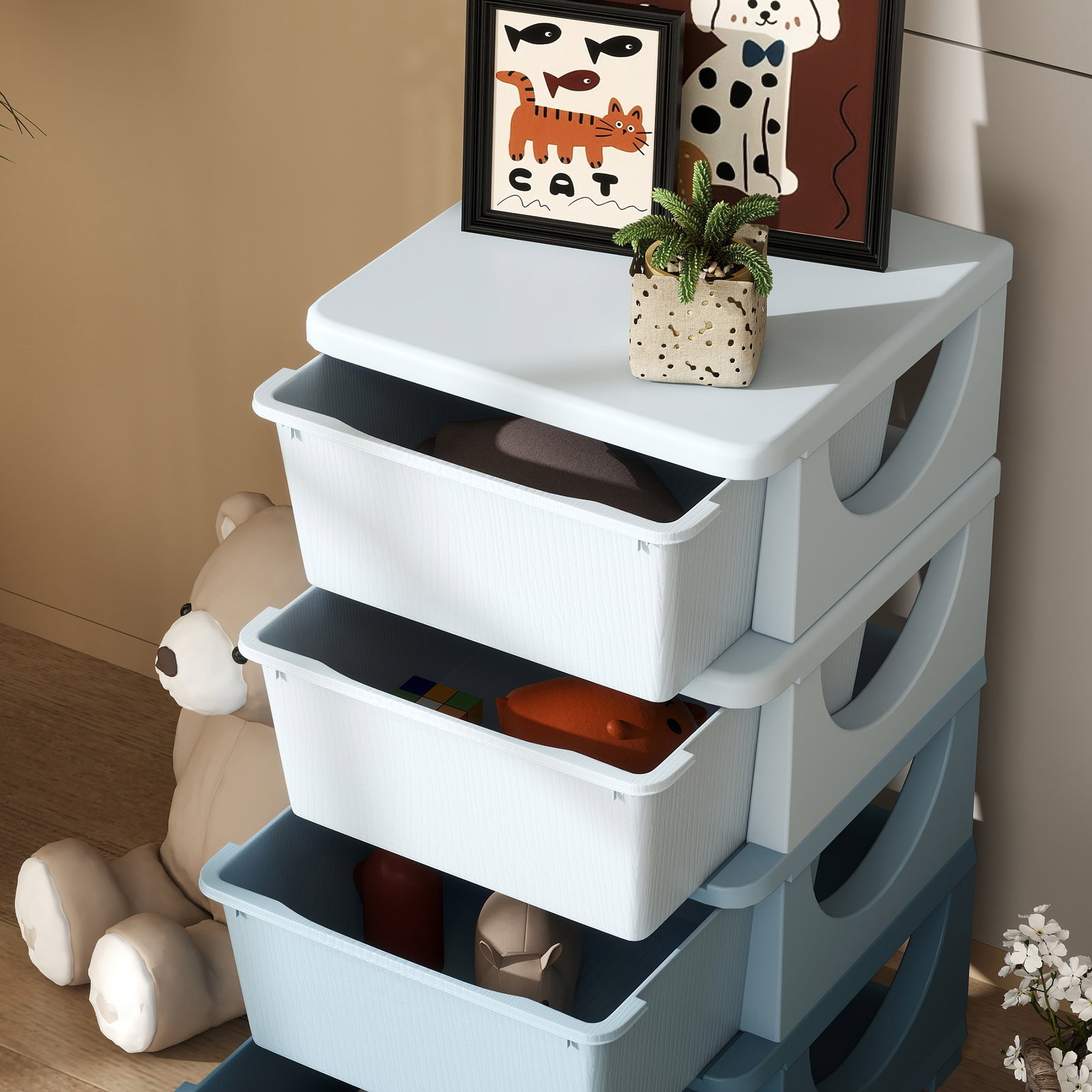Organizador de brinquedos com 4 gavetas torre de arrumação para crianças +3 anos cantos arredondados e pegas 37x37x76 cm azul