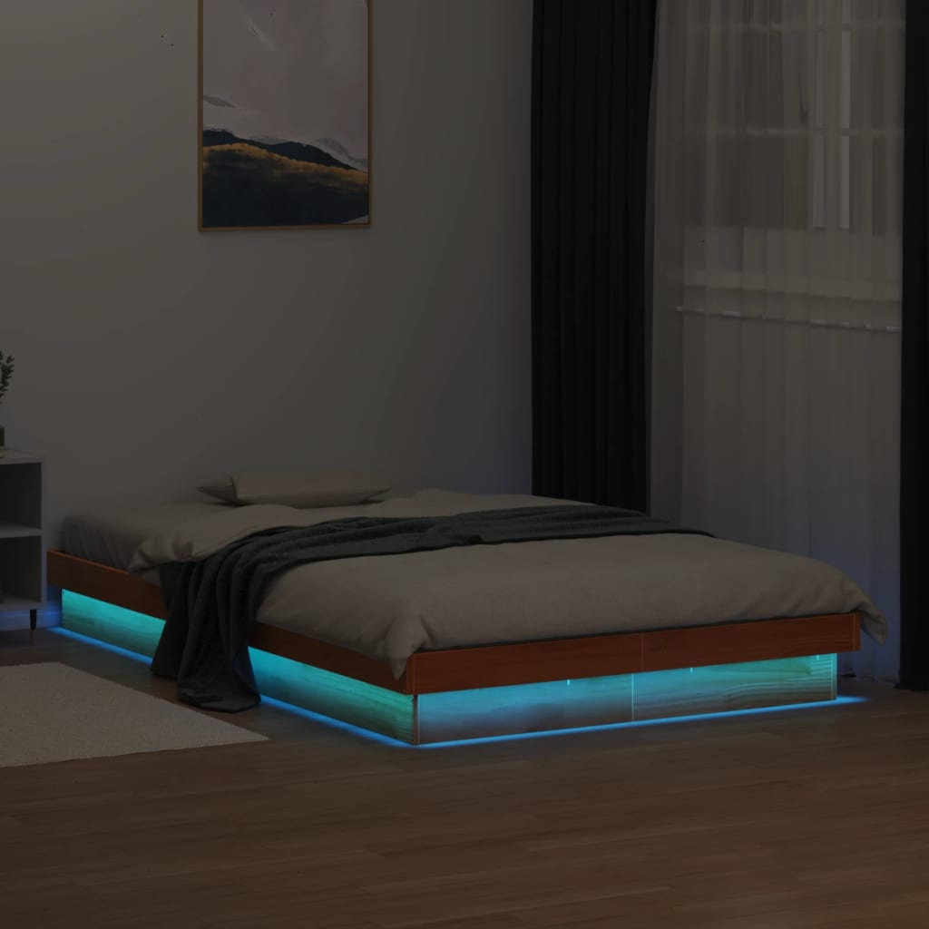 Estrutura de cama c/ leds 140x190 cm pinho maciço castanho mel