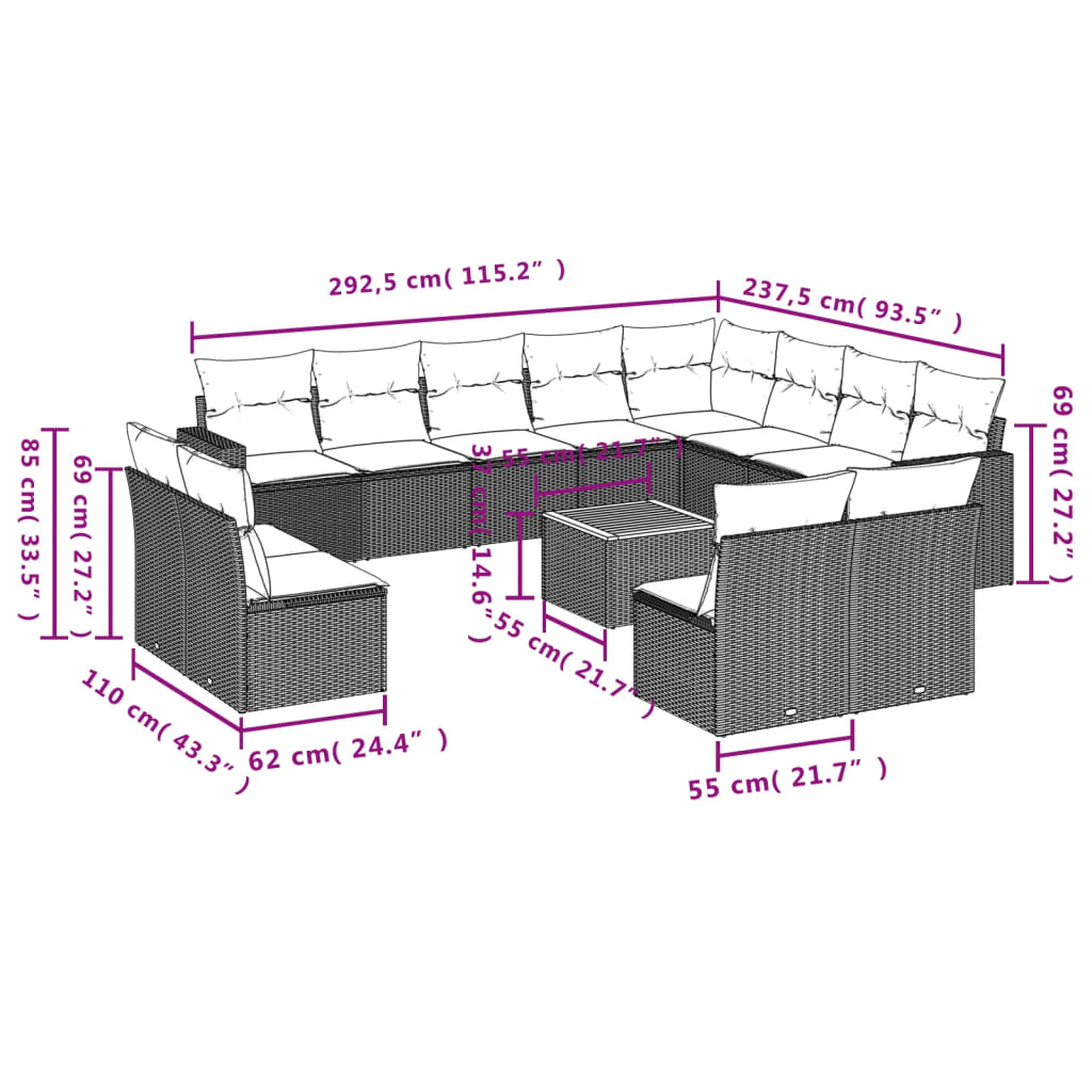 13 Pcs conjunto de sofás p/ jardim com almofadões vime PE bege
