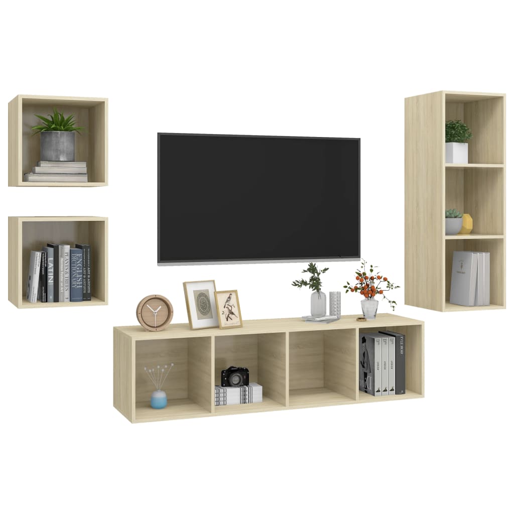 4 Pcs conjunto móveis de TV derivados madeira carvalho sonoma