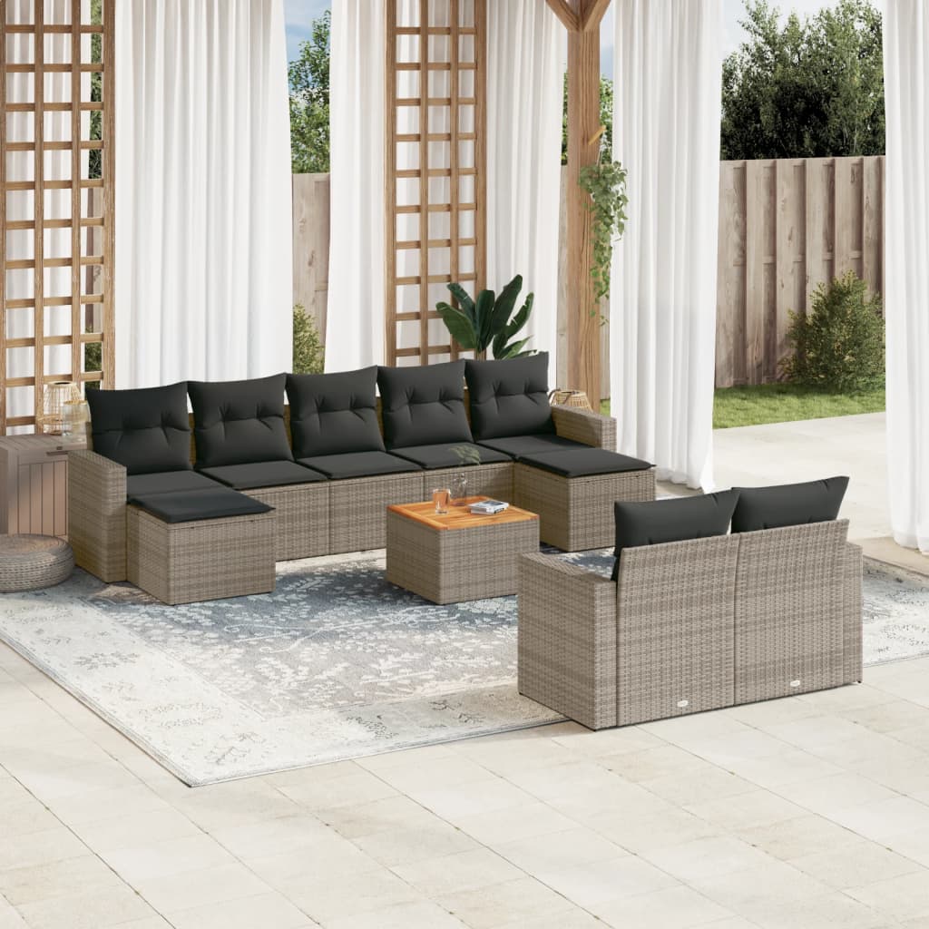10 Pcs conjunto sofás de jardim c/ almofadões vime PE cinzento