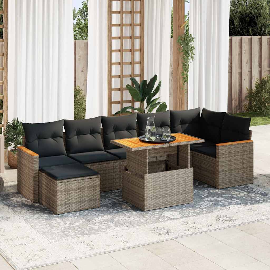 8 Pcs conjunto sofás jardim almofadões vime PE/acácia cinzento