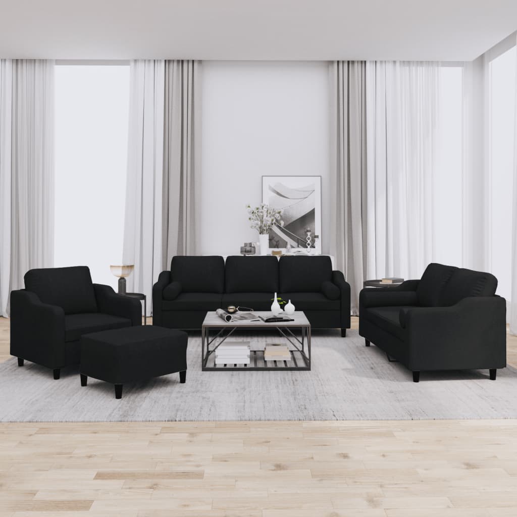 4 Pcs conjunto de sofás com almofadas tecido preto