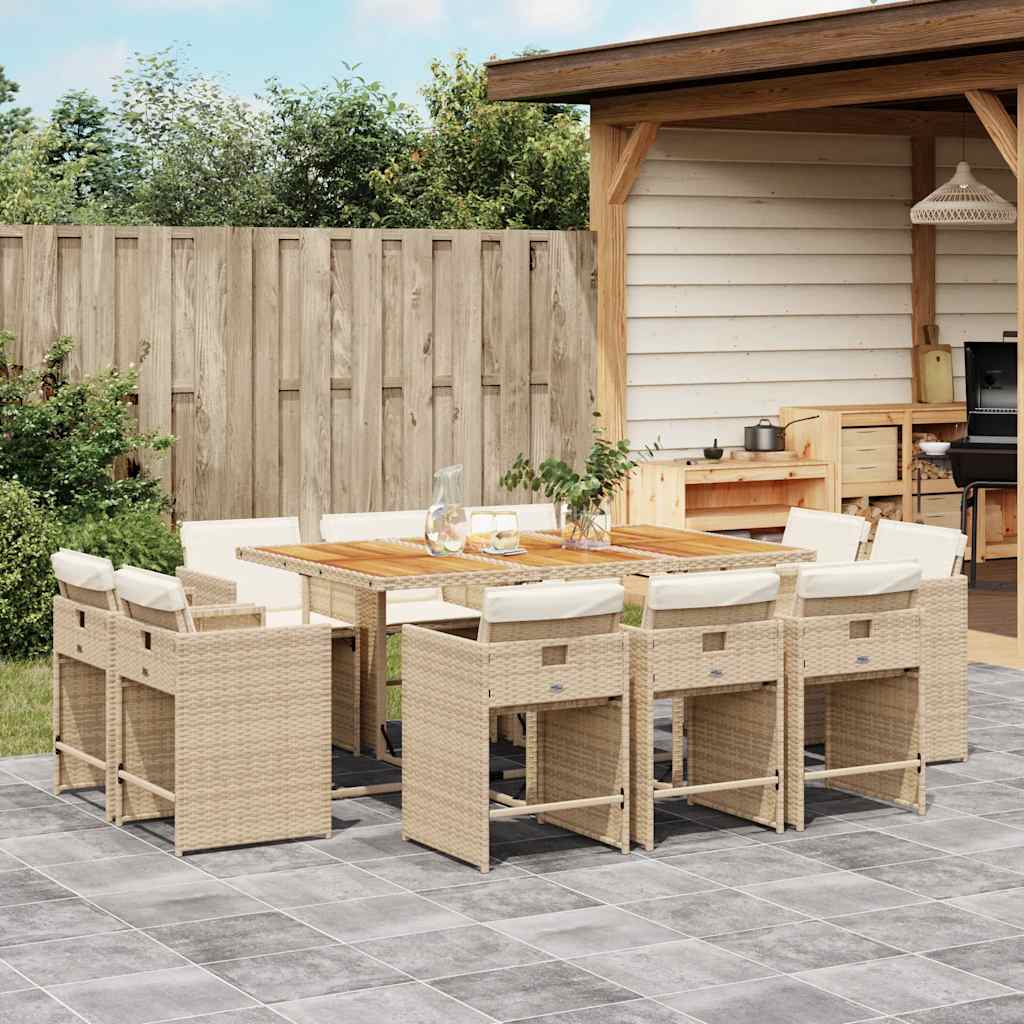 11 Pcs conjunto de jantar p/ jardim com almofadões vime PE bege