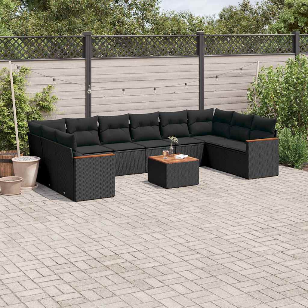 11 Pcs conjunto sofás de jardim c/ almofadões vime PE preto