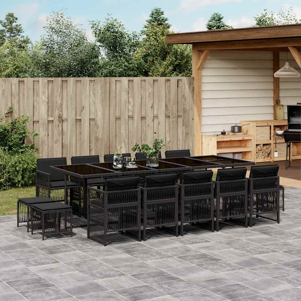 15 Pcs conjunto de jantar p/jardim com almofadões vime PE preto