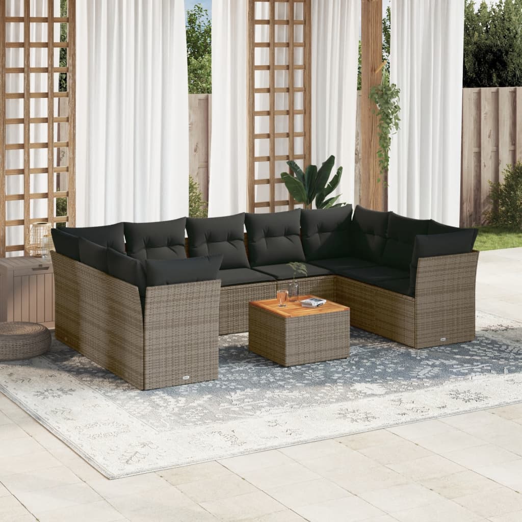 10 Pcs conjunto sofás de jardim c/ almofadões vime PE cinzento