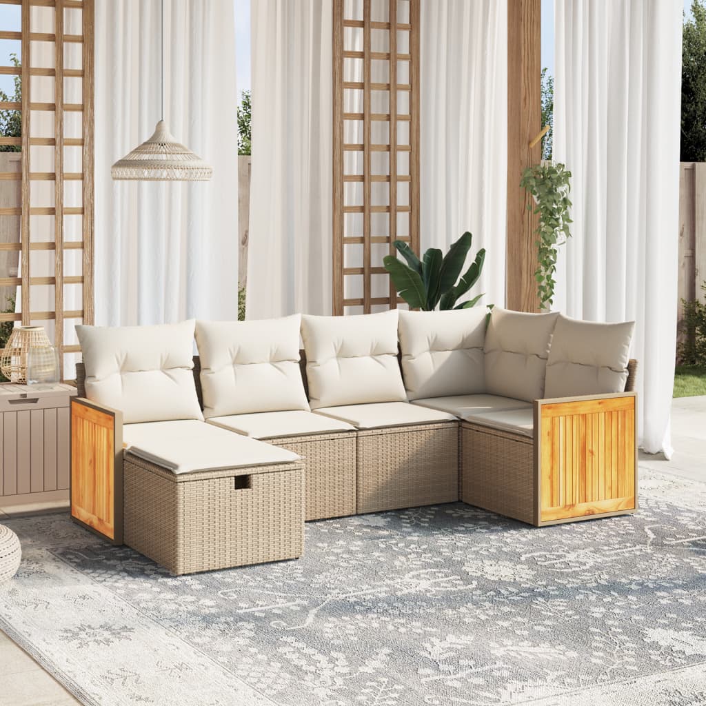 6 Pcs conjunto de sofás p/ jardim com almofadões vime PE bege