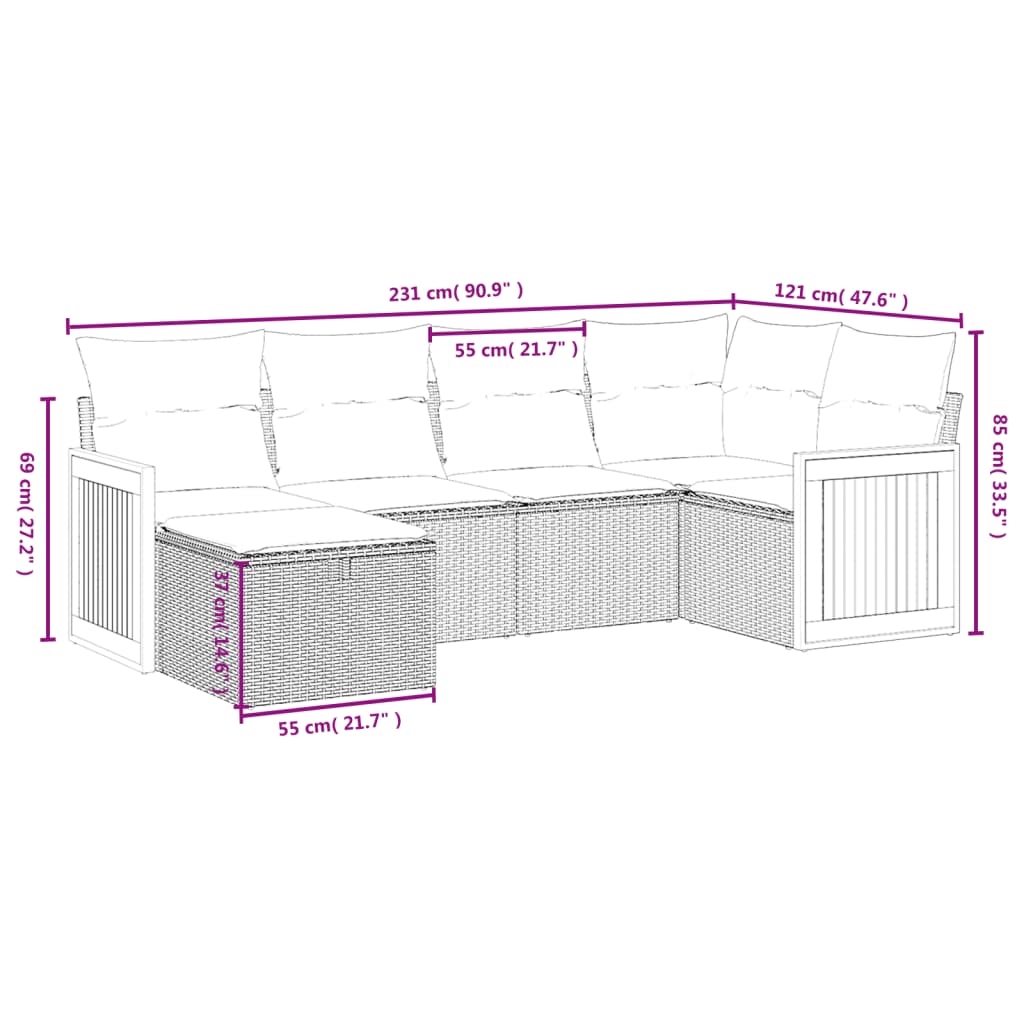 6 Pcs conjunto de sofás p/ jardim com almofadões vime PE bege