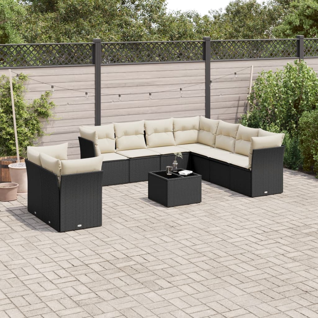 10 Pcs conjunto sofás de jardim c/ almofadões vime PE preto