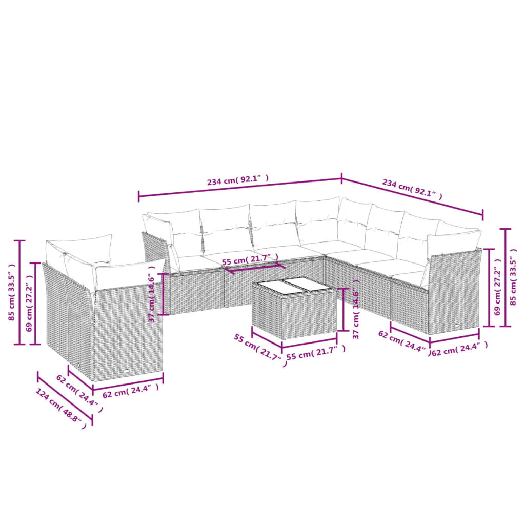 10 Pcs conjunto sofás de jardim c/ almofadões vime PE preto