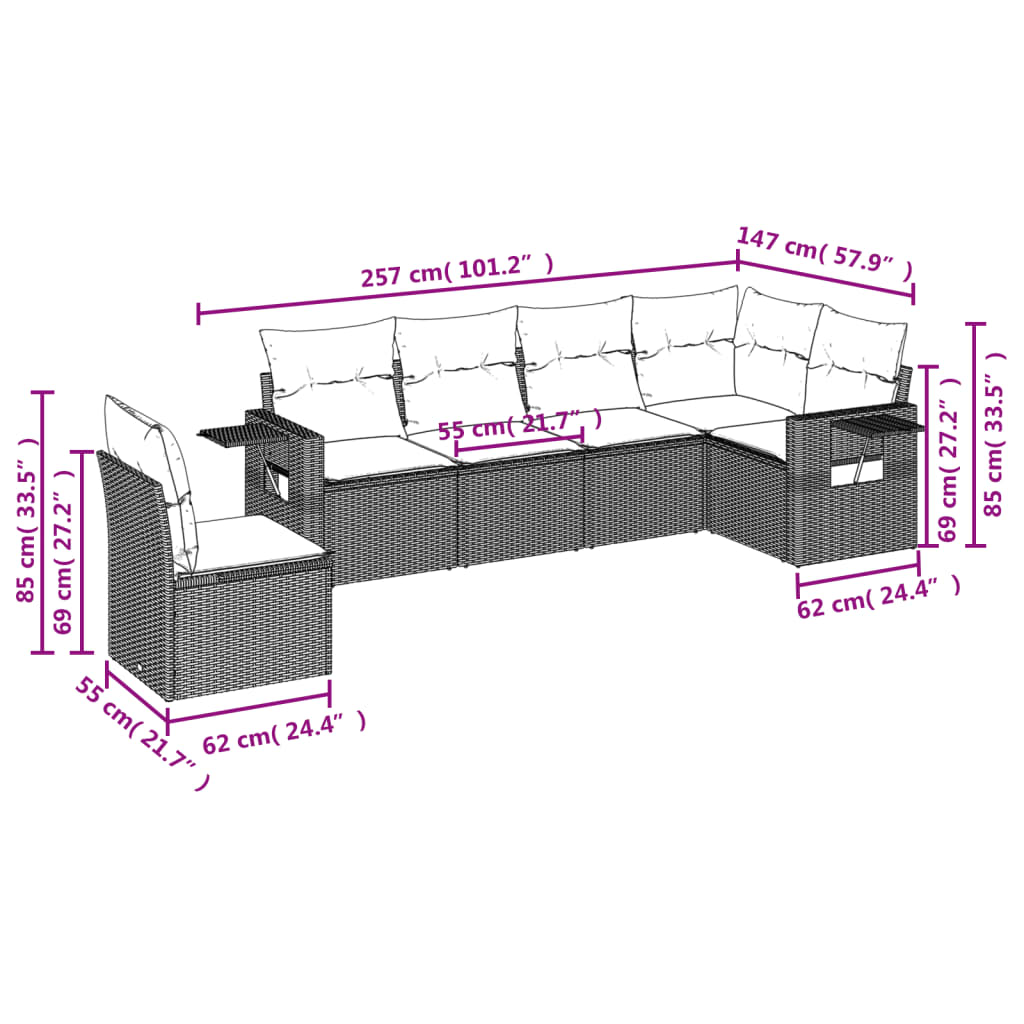 6 Pcs conjunto sofás de jardim com almofadões vime cinzento
