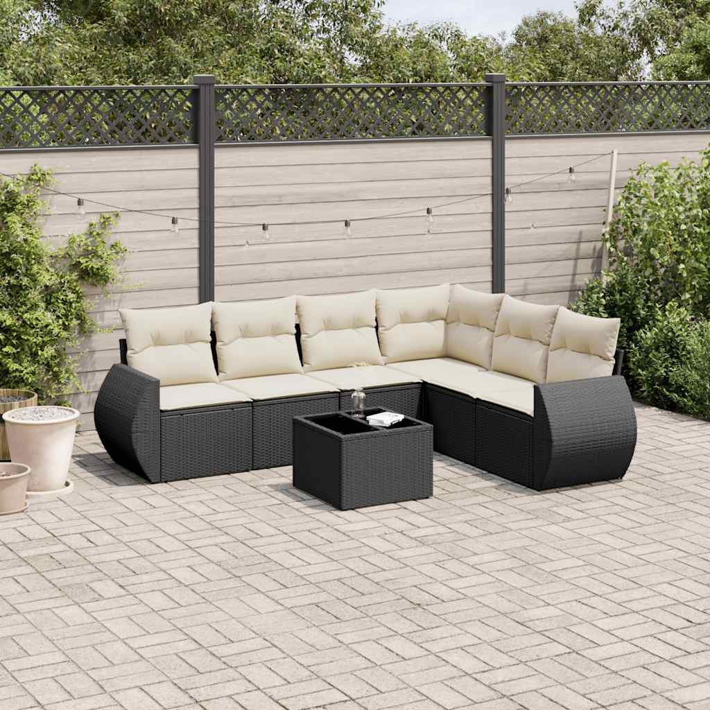 7 Pcs conjunto de sofás p/ jardim c/ almofadões vime PE preto