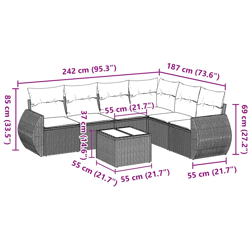 7 Pcs conjunto de sofás p/ jardim c/ almofadões vime PE preto